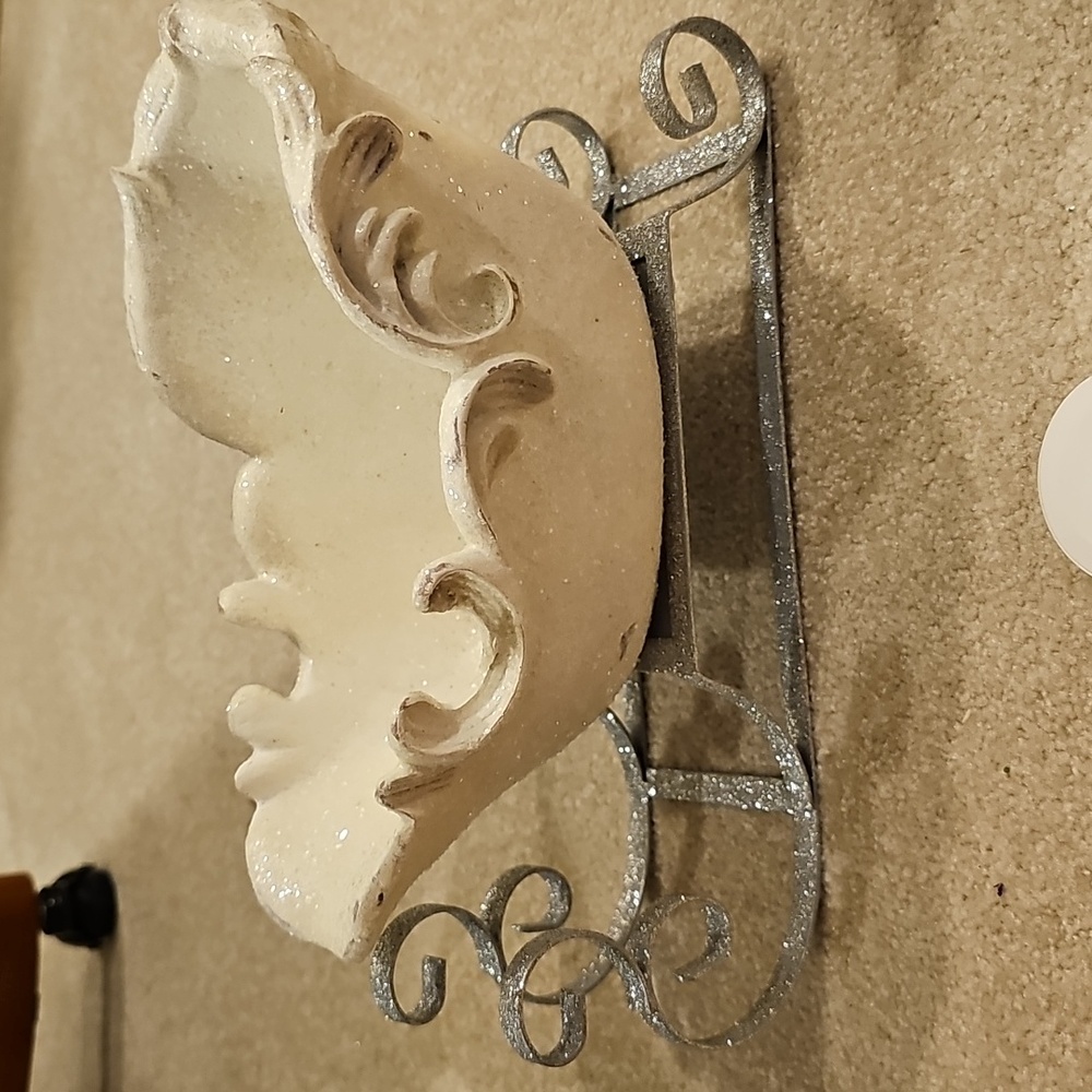 Brand New Rustic Metal  Cream & Silver Glitter Decorative Sleigh 11.5"L X 7"W